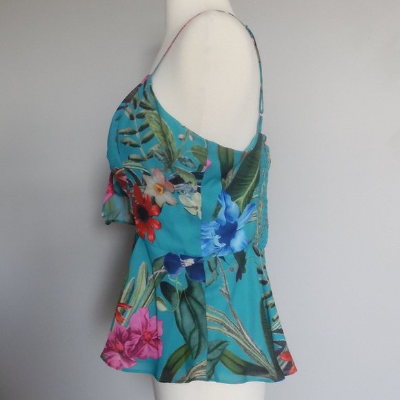 Parker Blue Azule Sardinia Hawaii Exotic Leaves Floral Tank Cocktail Top Blouse - Picture 4 of 8